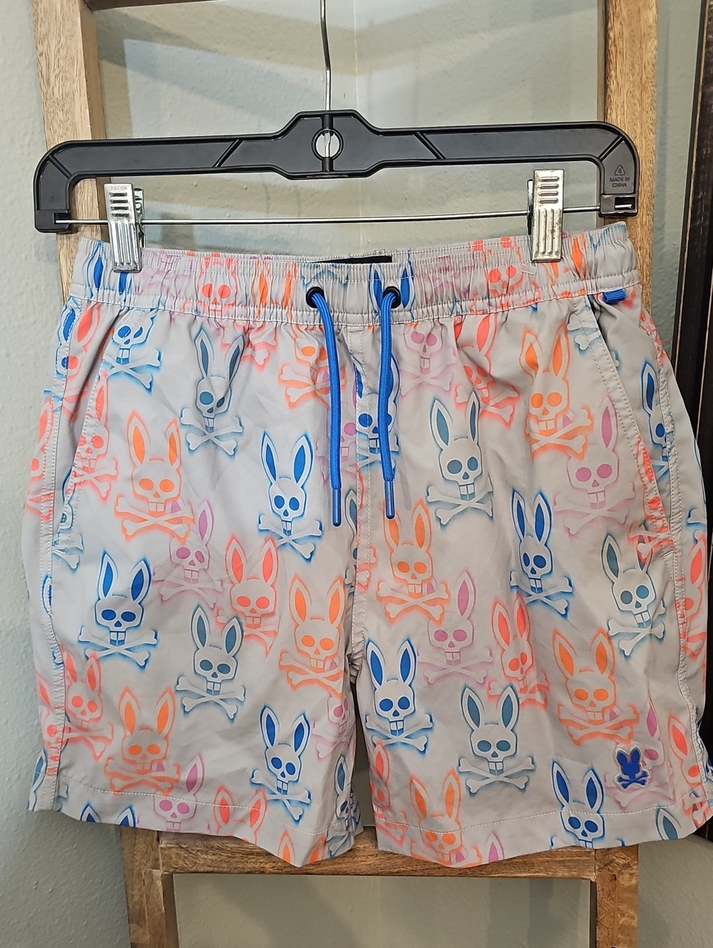 Psycho Bunny Kids Print  Swim Shorts - Gray with Neon Blue & Orange Board Shorts